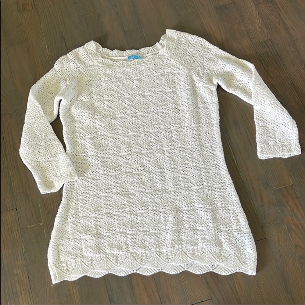 J.McLaughlin White Cable Knit Cotton 3/4 Length Sleeve Shirt Blouse Size Small